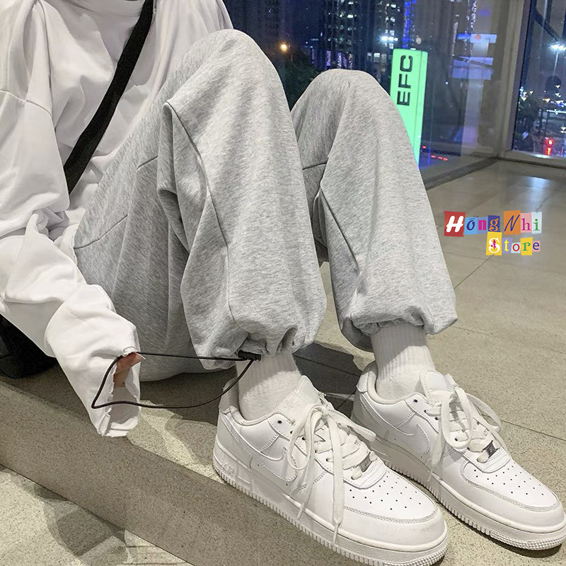 Quần Jogger Basic Ulzzang Unisex Jogger Trơn Dây Rút Lai Ống Rộng Màu Xám - MM