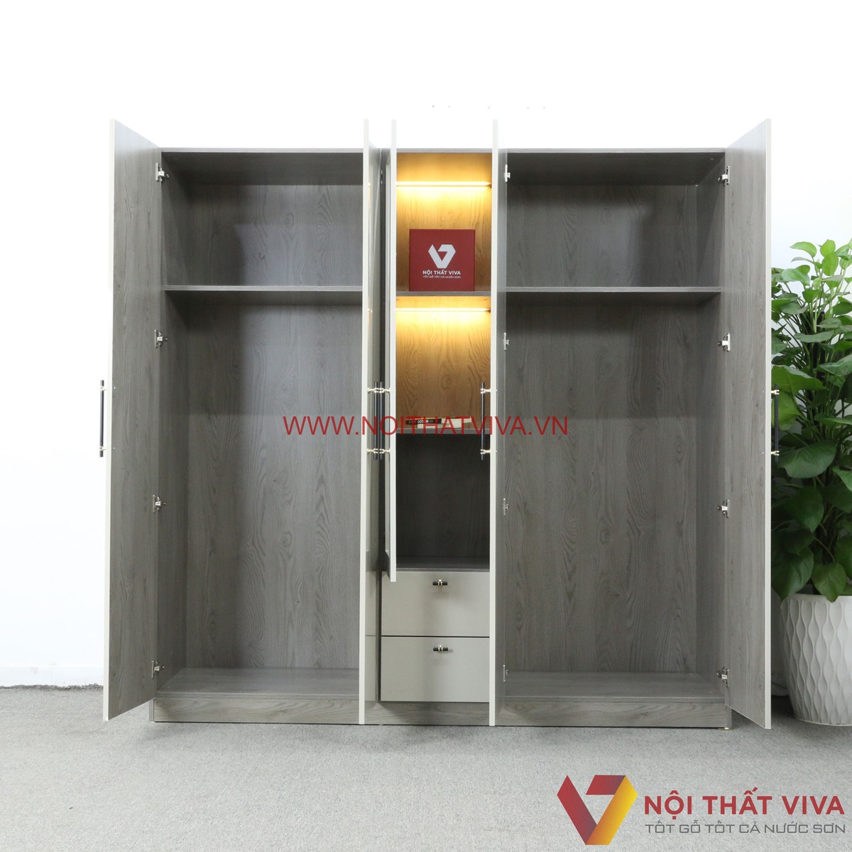 Tủ Quần Áo Thông Minh Hiện Đại 5 Cánh Sơn 2K Màu Xám Chạm Hoạ Tiết Đẹp