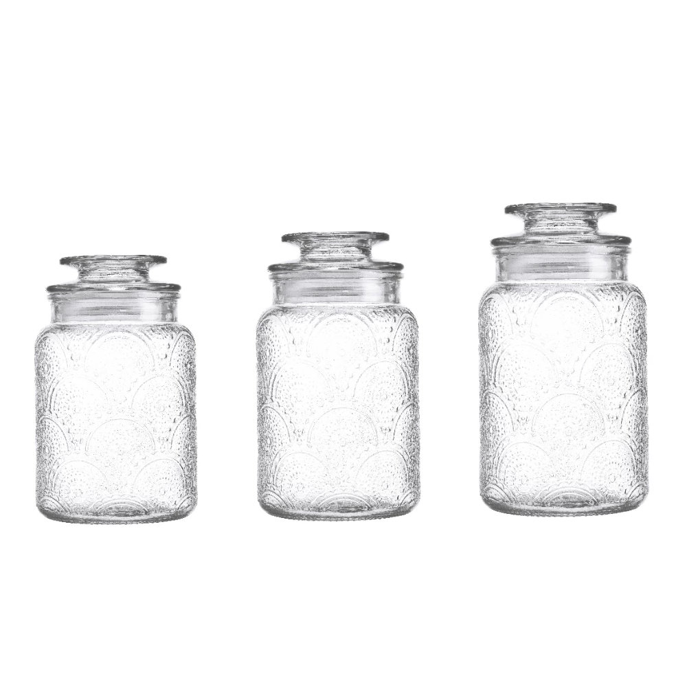 Bộ 3 Hũ Thủy Tinh Đựng Thực Phẩm Lê Bên Làng LBL1210, Nắp Kín, Hoa Văn, Dung Tích 1L, 1.3L, 1.5L