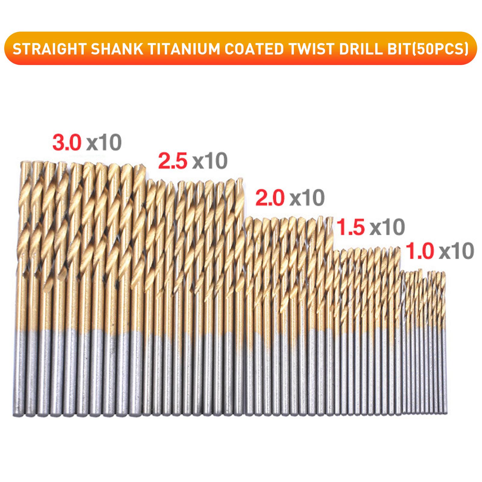 50 mũi khoan xoắn trục thẳng đường kính: 1mm / 1.5mm / 2mm / 2.5mm / 3mm. Thiết kế lưỡi dao 135 độ giúp lấy phôi thuận tiện