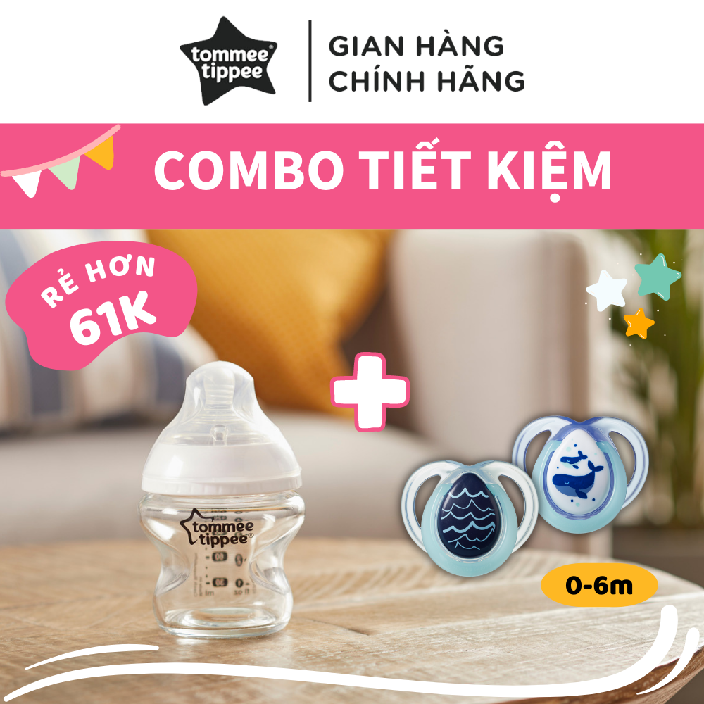 COMBO Ty Ngậm Dạ Quang Tommee Tippee Night Time 0-6m &amp; Bình Sữa PPSU Ty Siêu Mềm Tommee Tippee Natural Start 150ml