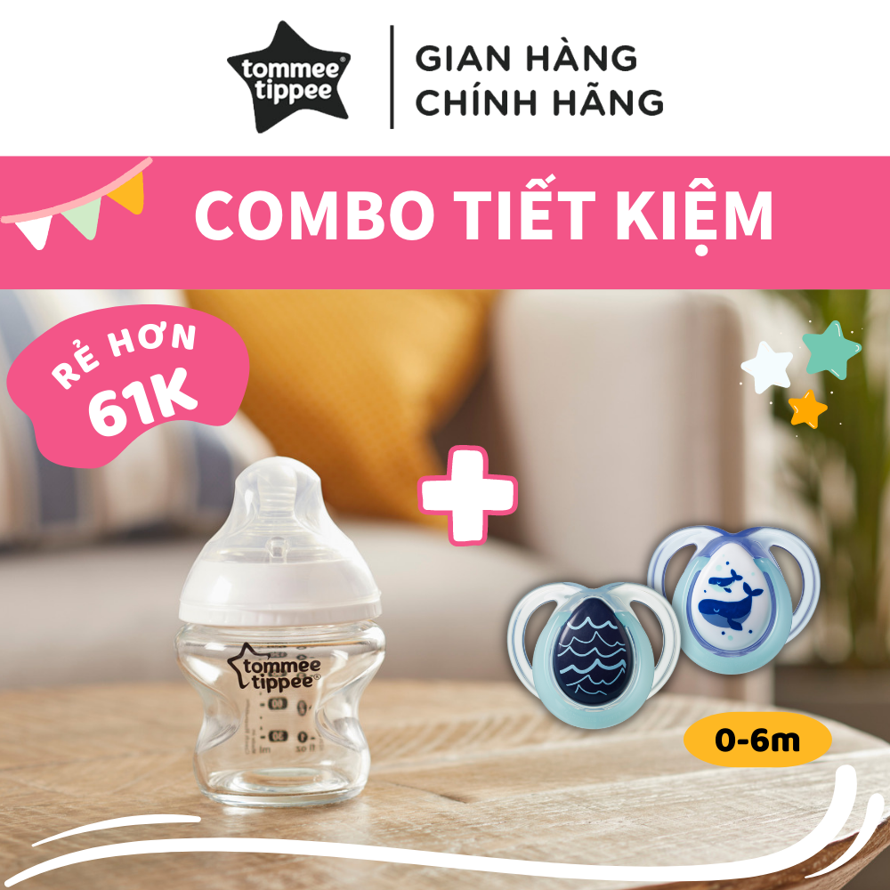 COMBO Bình sữa PPSU ty siêu mềm tự nhiên Tommee Tippee Closer to Nature 260ml &amp; Ty ngậm dạ quang cho bé Tommee Tippee Night Time 0-6 tháng (vỉ đôi) - Cá Voi