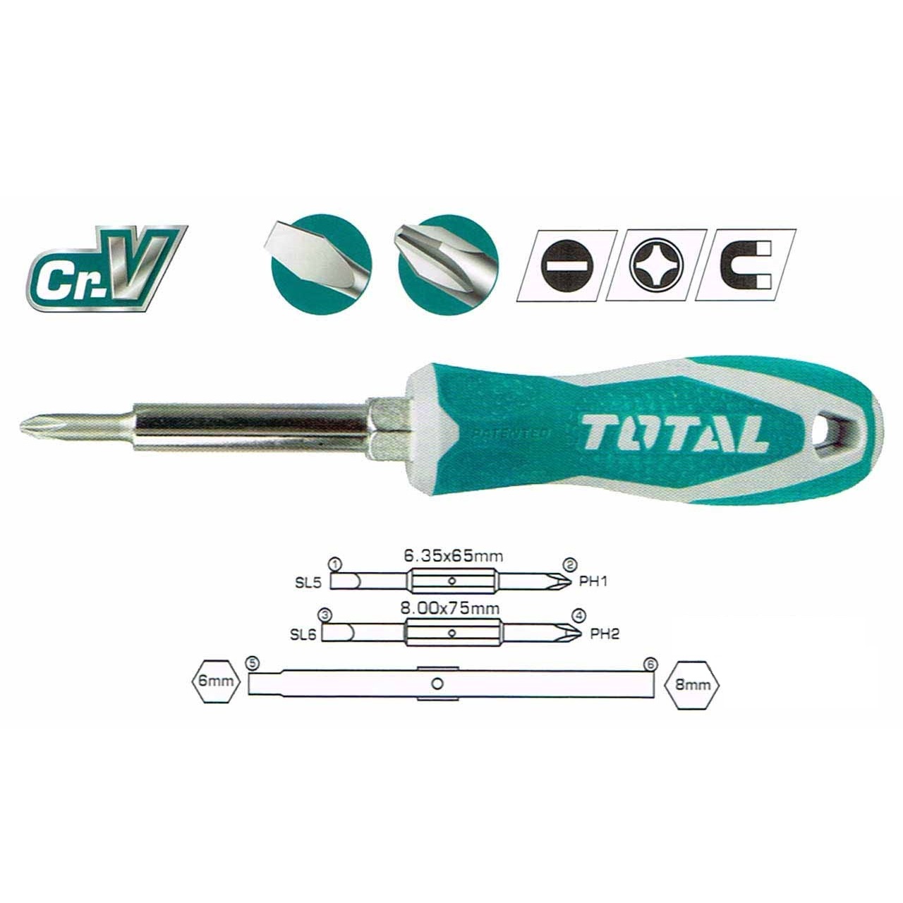 Bộ tua vít 6 đầu trong 1 đa năng TOTAL THT2506076 - Nhỏ gọn, thép chuyên dụng CR-V, tay cầm nhựa nhám chắc chắn