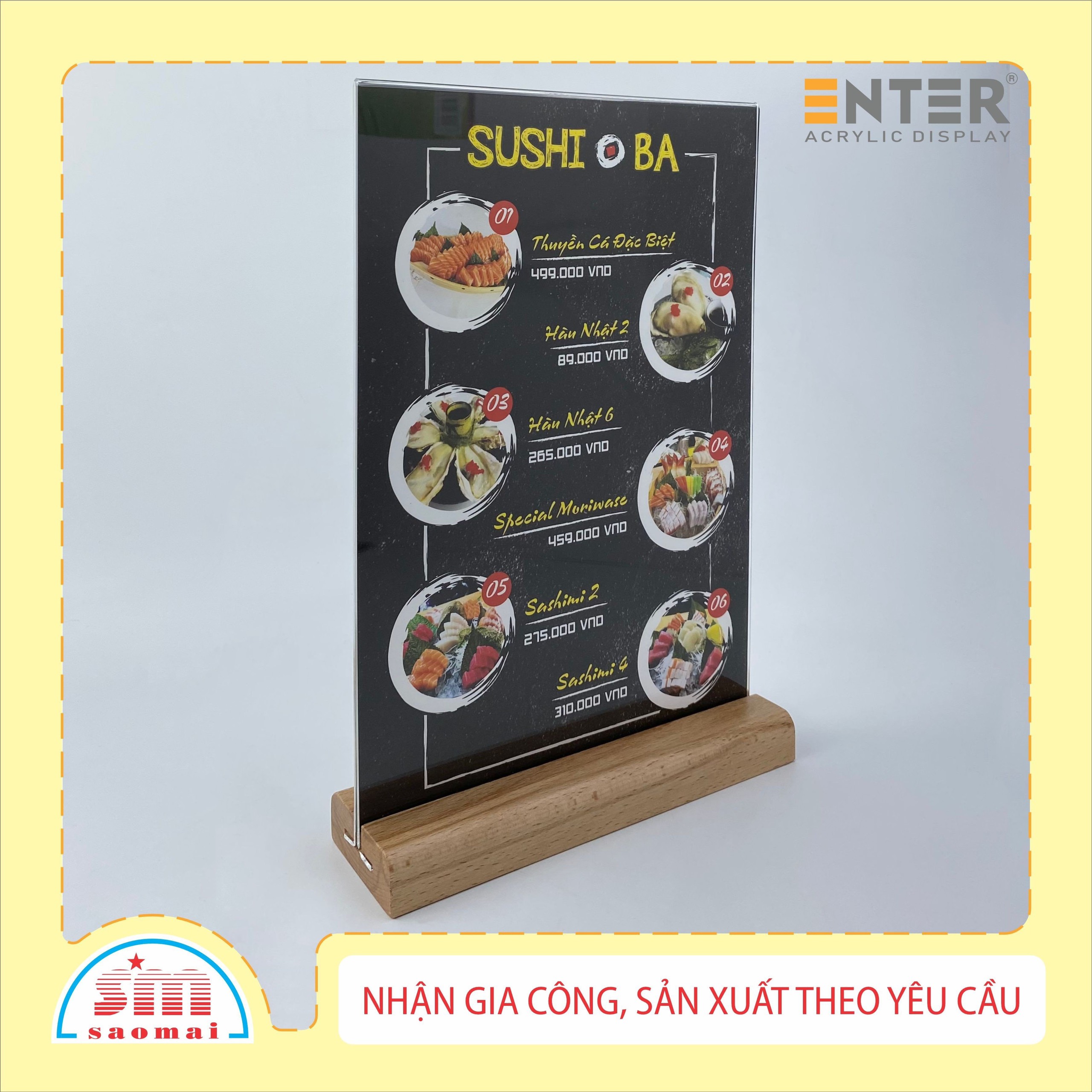 Kệ mica 2 mặt Enter E43 100x210mm đế gỗ 1/3A4 đứng