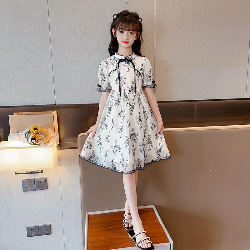 CHENGRUI Cô gái ăn mặc Midboy mùa hè 2023 mực vẽ sườn xám váy cô gái phong cách phương Tây cổ trang công chúa váy