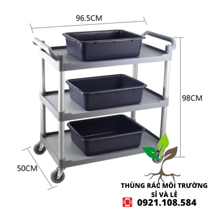 Xe đẩy dọn thức ăn, bát đũa 3 tầng bằng nhựa, có 4 bánh xe XÁM XANH,ĐEN