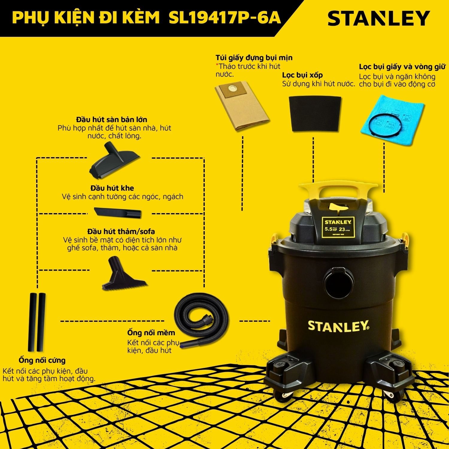 Máy hút bụi Công nghiệp 3 chức năng 23L Stanley SL19417P-6A  5.5HP- Hàng chính hãng
