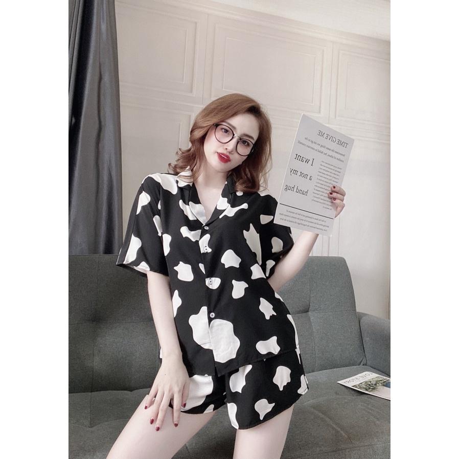 Đồ Ngủ Sexy Nữ, Đồ Ngủ Nữ Pijama Cánh Dơi Hoa Văn Bò Chất Satin Dưới 60Kg