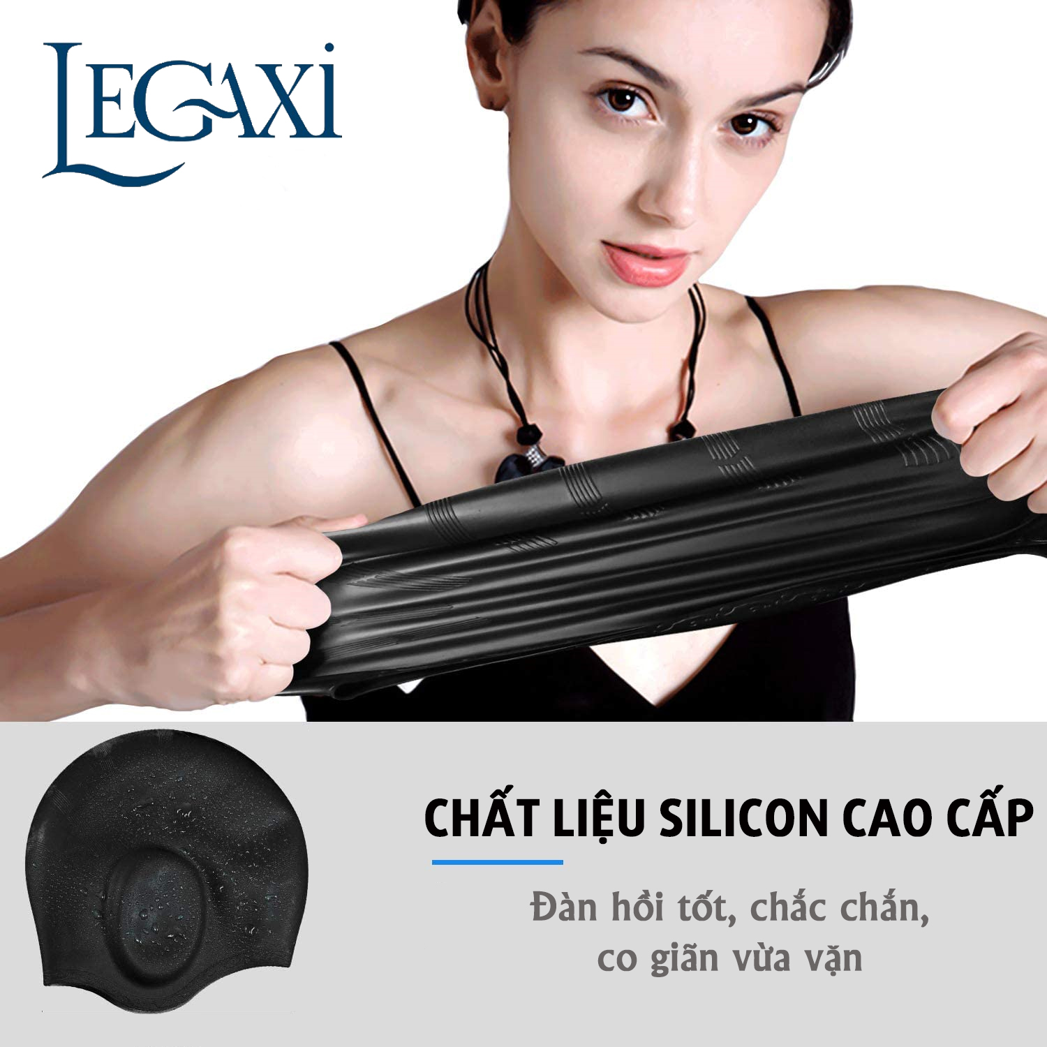 Mũ Bơi, Nón Bơi Chất Liệu Silicon Cao Cấp Cho Nam Nữ Ngăn Nước Màu Đen Legaxi