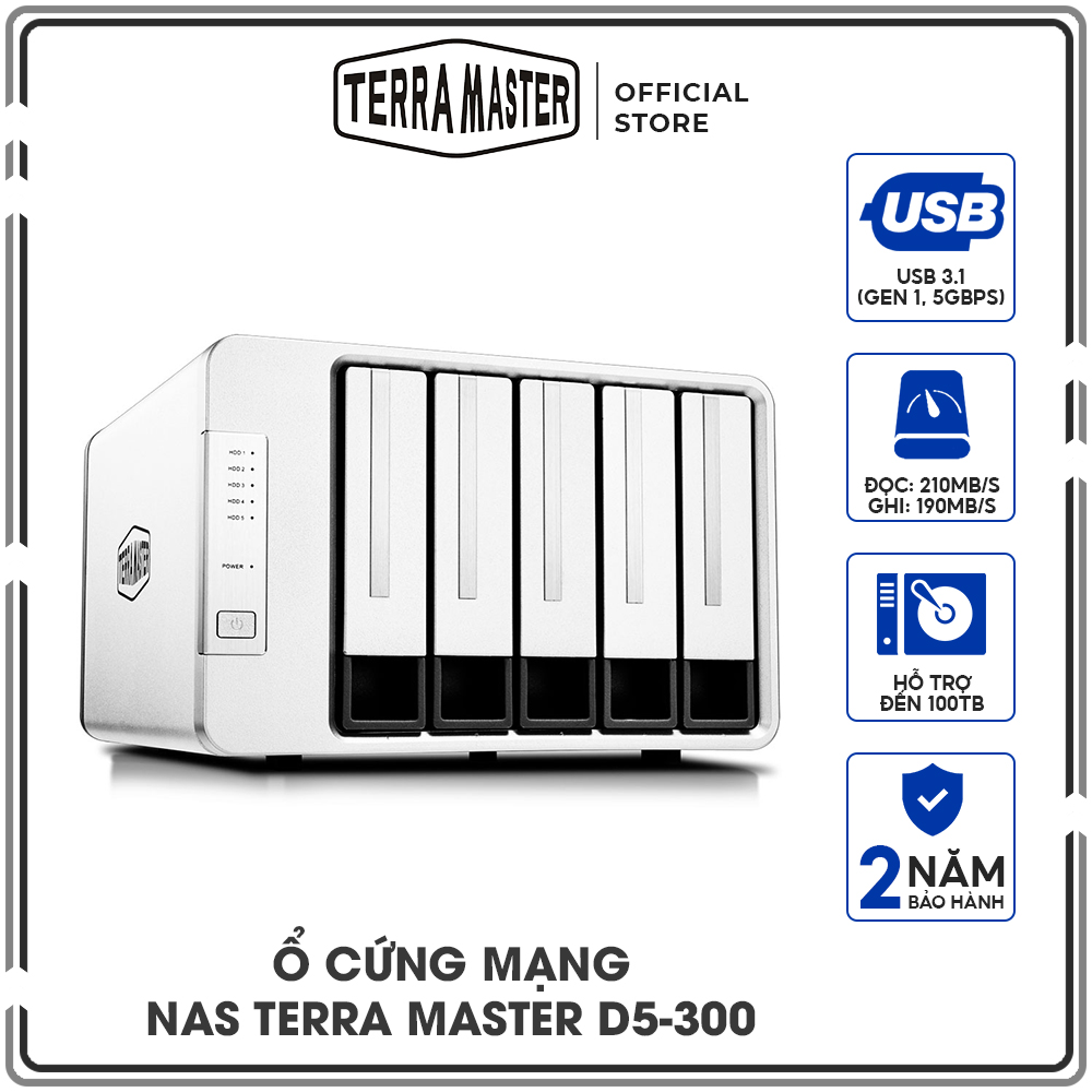 Thiết bị lưu trữ TerraMaster D5-300 USB-C 3.0 Super Speed - 5 khay ổ cứng Hàng chính hãng