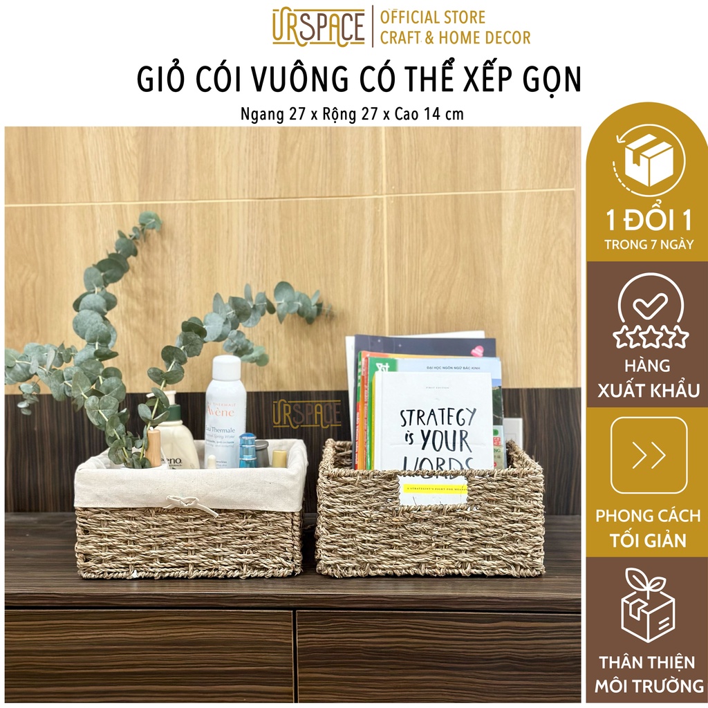 Giỏ cói có vải hình vuông URSPACE đựng mỹ phẩm, sách báo, trang trí decor