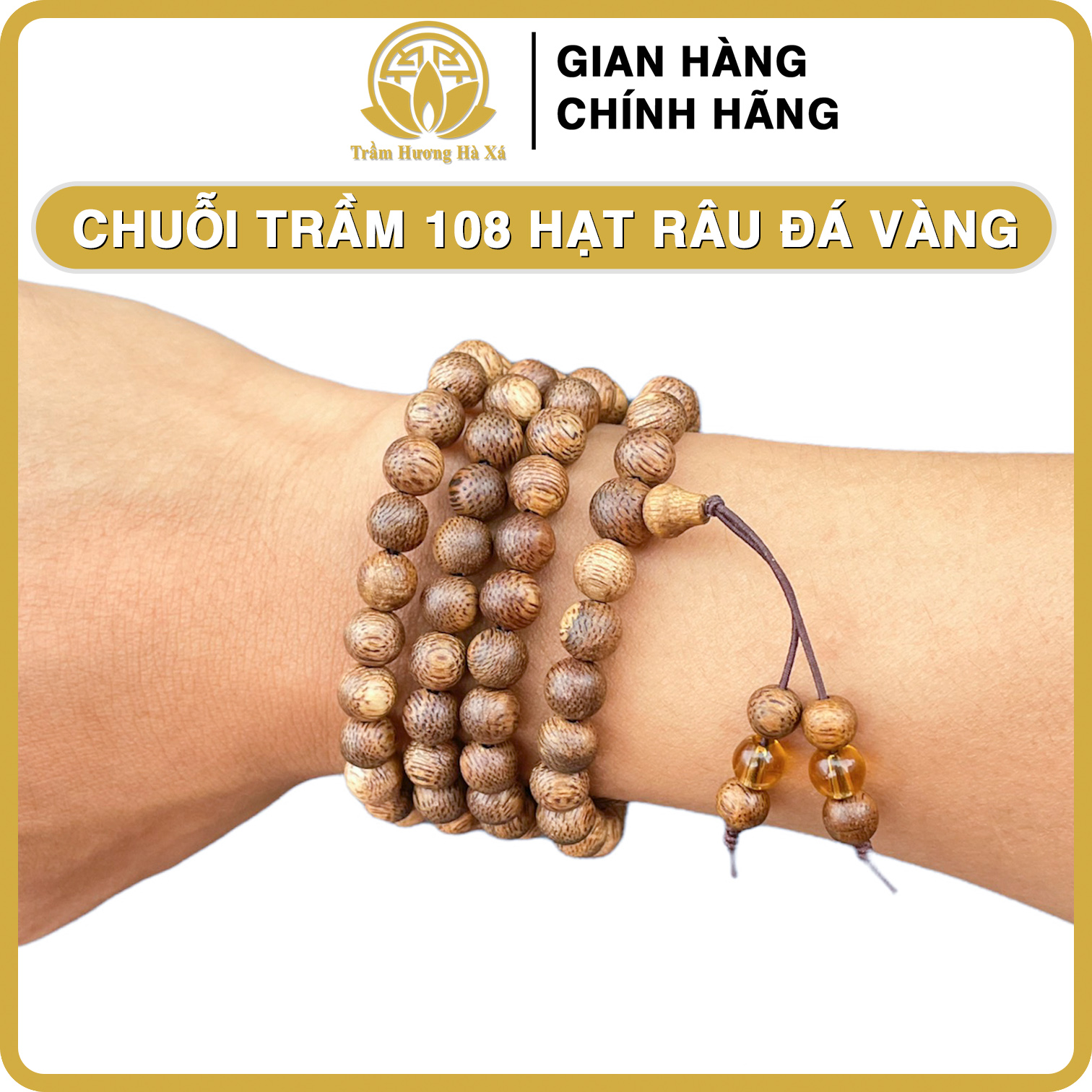 Vòng Tay Chuỗi 108 Hạt Trầm Hương Hà Xá Đeo Tay Nam Nữ Mix Râu Đá Màu Mệnh Kim Mộc Thủy Hỏa Thổ Phong Thủy May Mắn Tài Lộc - 108 Hạt Râu Đá Vàng - Mệnh Thổ - Hạt 8Li Tay 18 - 19Cm