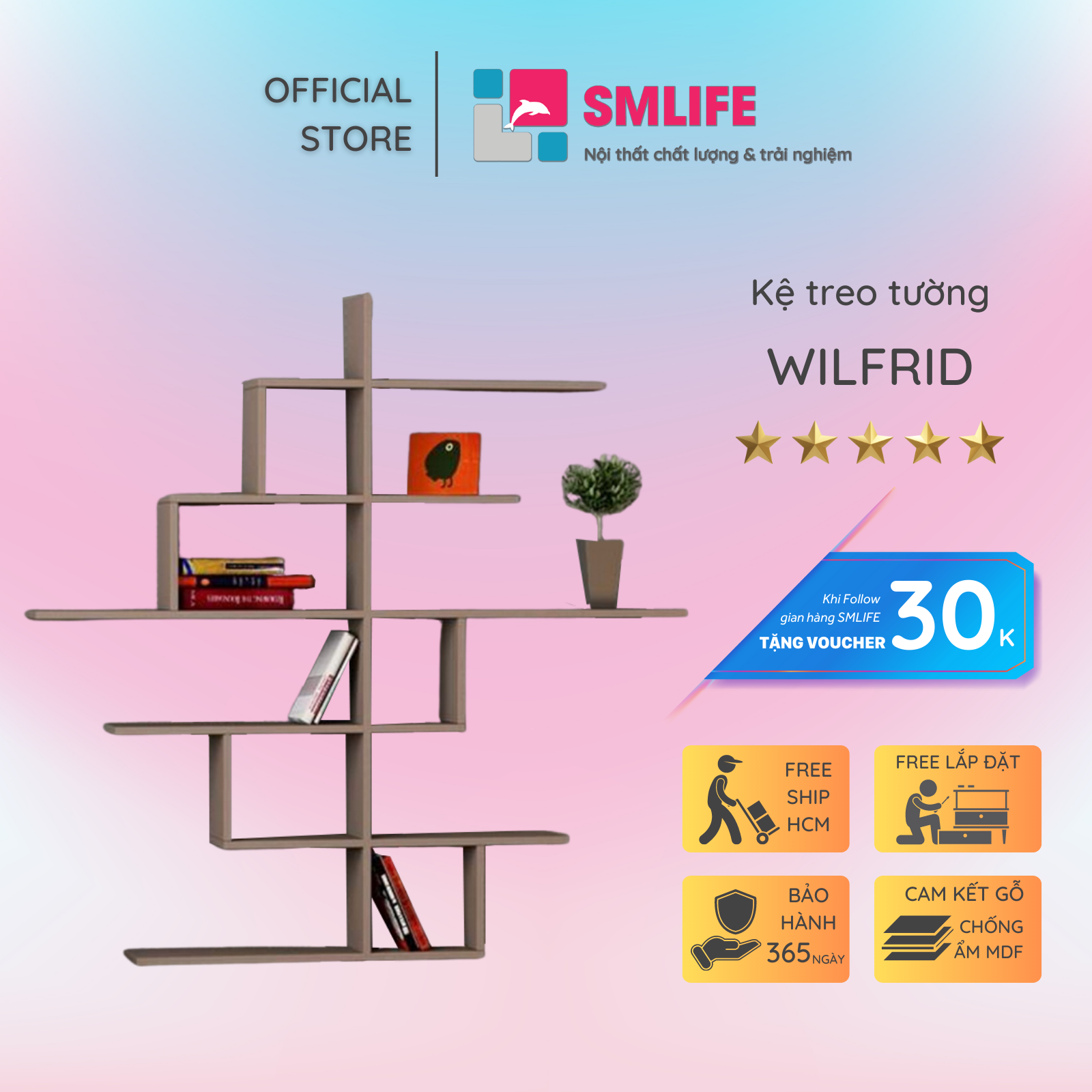 Kệ gỗ trưng bày kiểu dáng thanh lịch SMLIFE Wilfrid