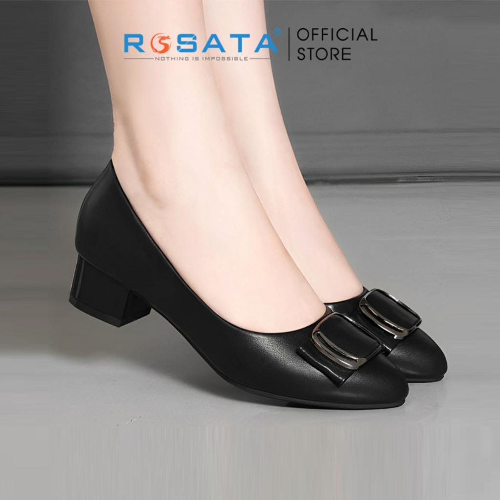 Giày búp bê ROSATA RO363 mũi nhọn đính nơ xỏ chân êm ái gót đế vuông 4 phân xuất xứ Việt Nam - KEM