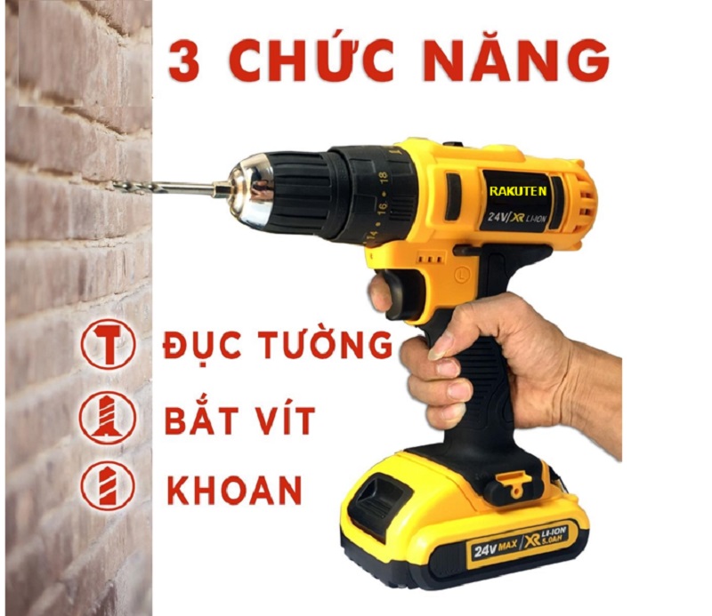 Bộ máy khoan pin RAKUTEN 24V khoan tường, khoan sắt, khoan bê tông máy 2 pin, đảo chiều và mũi khoan