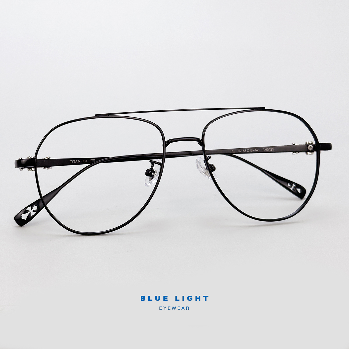 Gọng Kính Cận, Kính Giả Cận Nam Nữ TITANIUM Cao Cấp Siêu Nhẹ, Mắt Phi Công To Tròn , Full Đen, Bạc - BLUE LIGHT