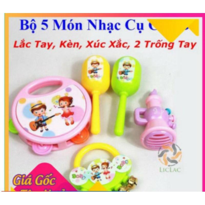 Bộ 5 nhạc cụ kèn, xíc xắc, trống tay cho bé thông minh