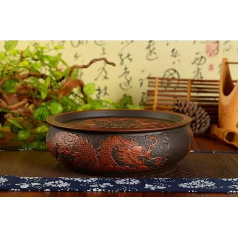 Khay trà thuyền trà đất tử sa hoạ tiết song long