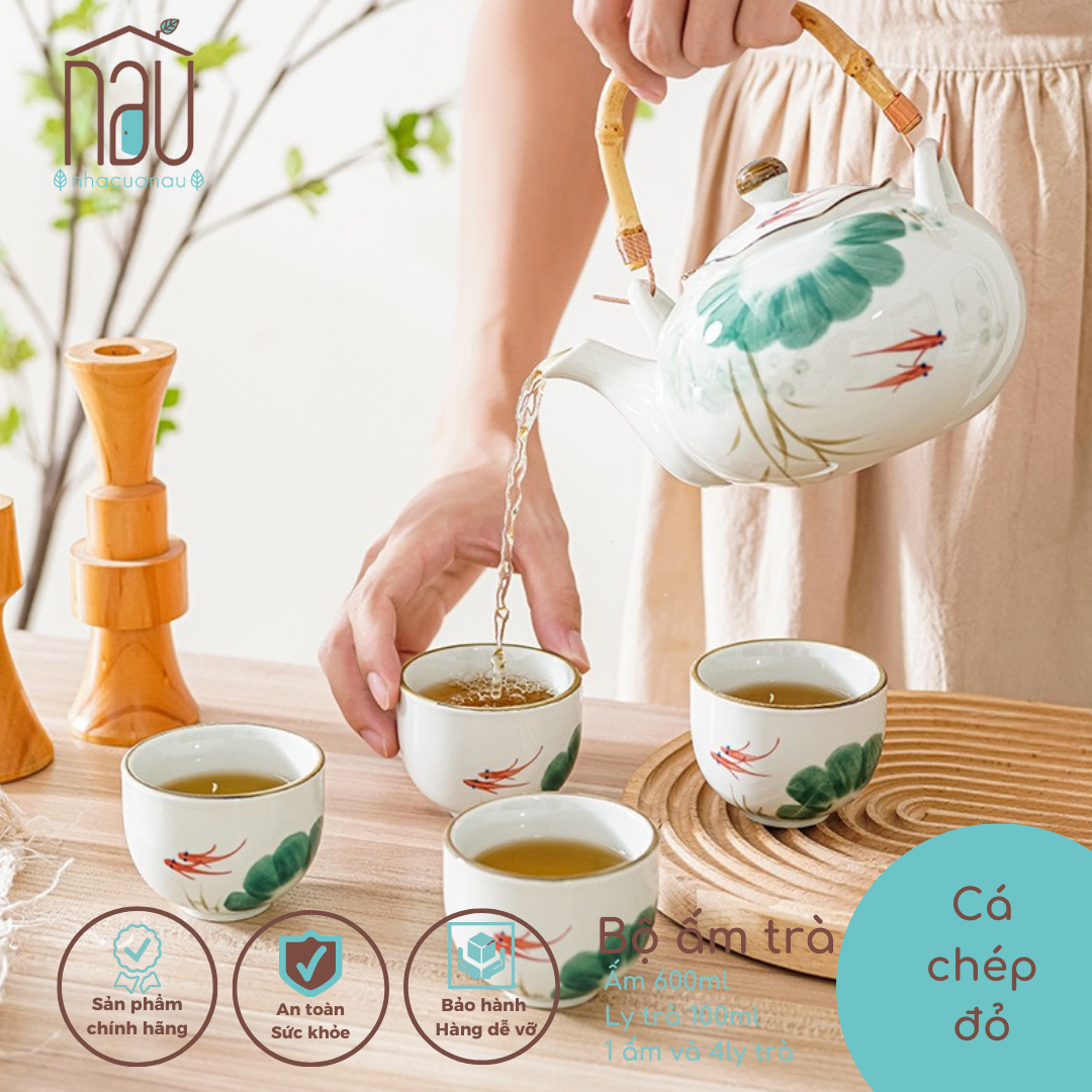 Bộ ấm chén bình trà họa tiết cá chép đỏ đẹp xuất sắc, thiết kế theo phong cách Nhật thích hợp làm quà tặng tân gia
