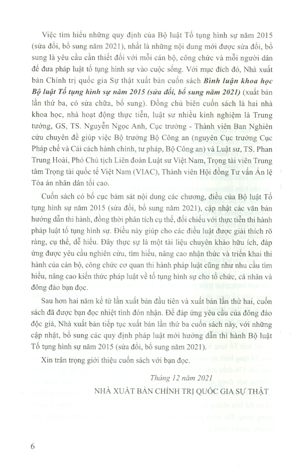 Bình Luận Khoa Học Bộ Luật Tố Tụng Hình Sự Năm 2015 (Sửa Đổi, Bổ Sung Năm 2021) (Xuất Bản Lần Thứ Ba, Có Sửa Chữa, Bổ Sung) - Bìa Cứng