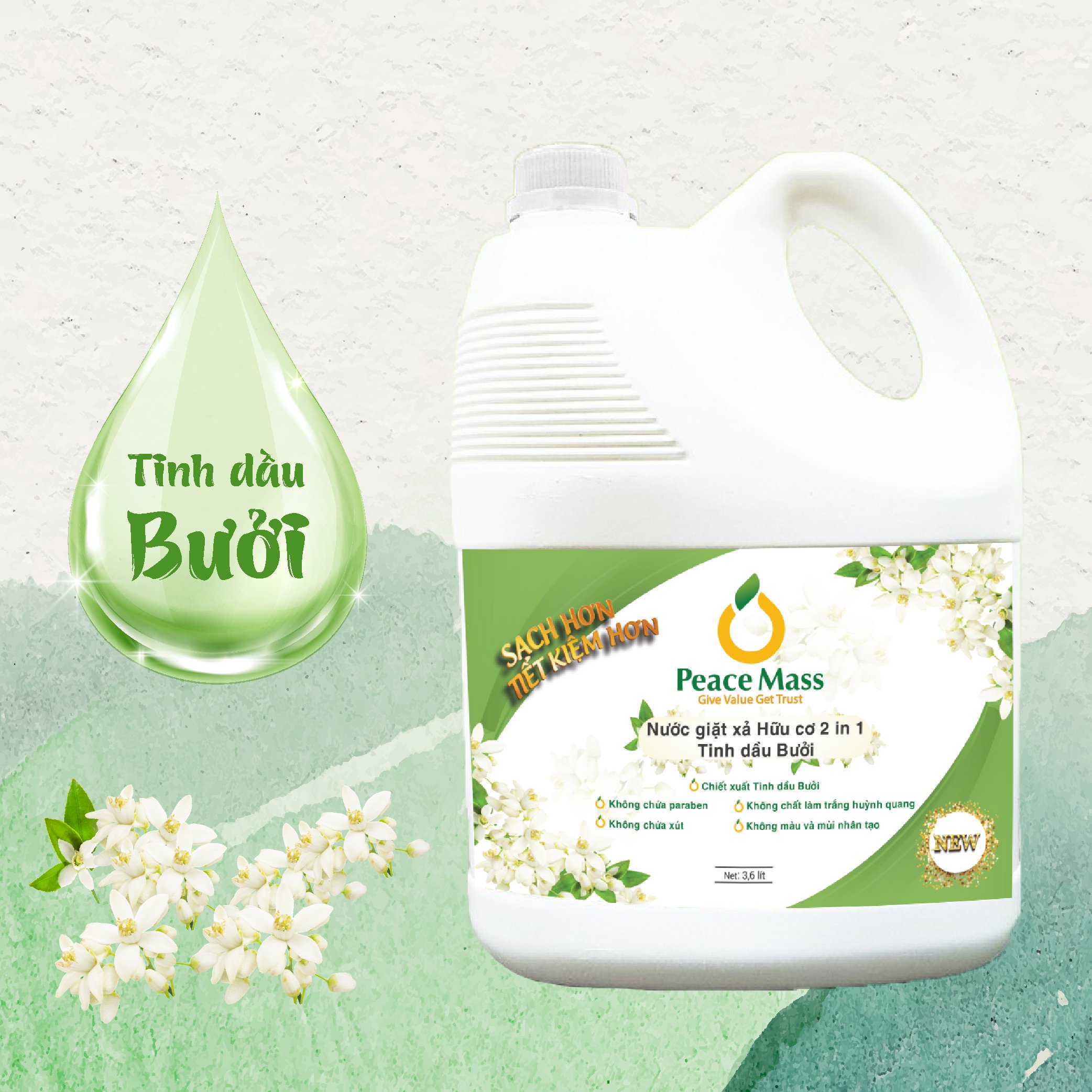 Combo Gốc Thực Vật NGB1 Peace Mass Nước Giặt Xả 2 in 1 3.6 lít + Nước Rửa Chén 500ml