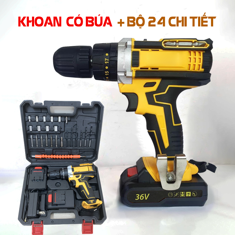 Bộ máy khoan pin 36V khoan tường, khoan sắt, khoan bê tông máy 2 pin, đảo chiều Tặng bộ 24 phụ kiện