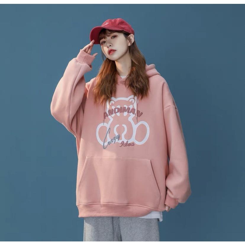 Áo khoác Hoodie nữ in hình gấu AMIMAN dễ thương chất nỉ bông dáng rộng phong cách tiểu thư cá tính