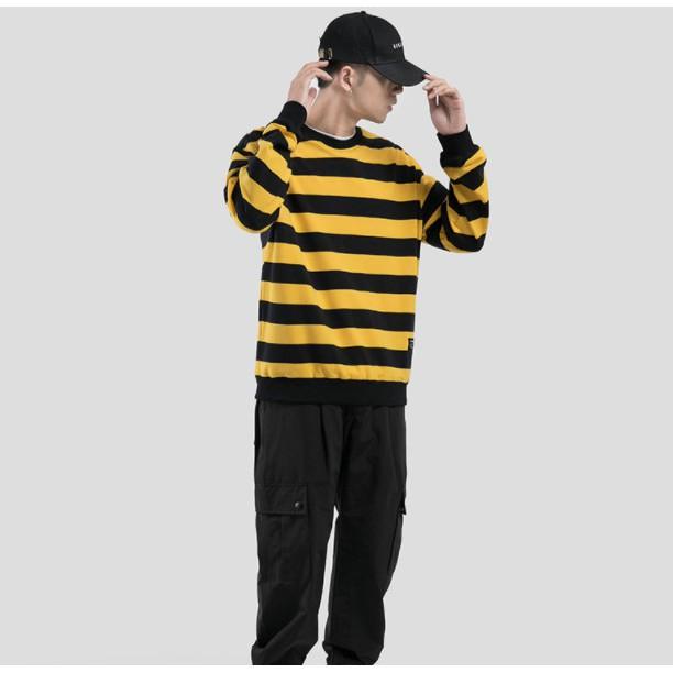 Áo sweater kẻ đen vàng lót lông - ẢNH THẬT