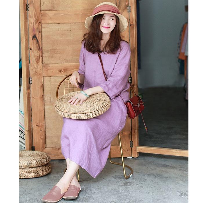 Đầm suông linen cổ tim chồng tay lỡ - Tím nhạt