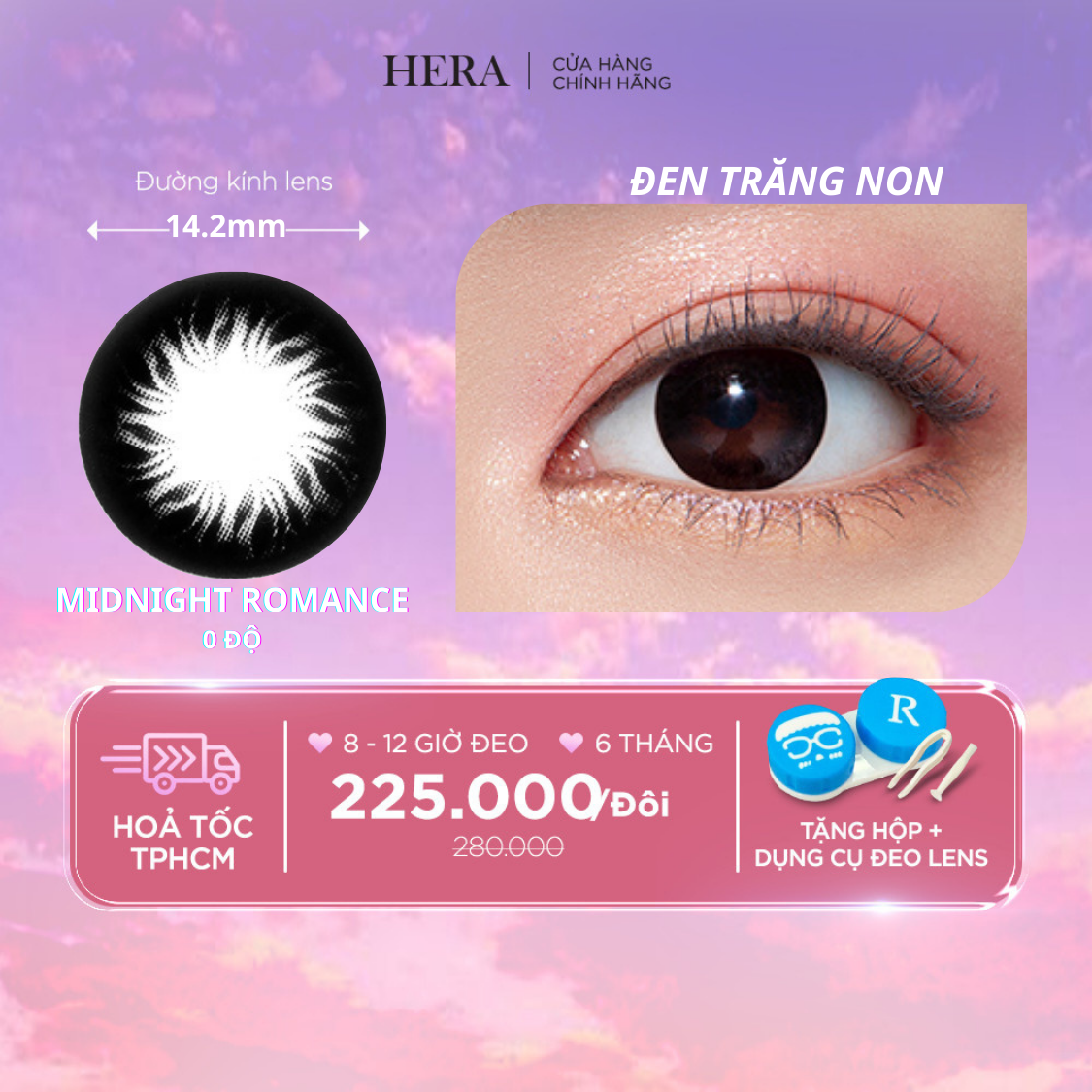 Kính Áp Tròng Hera Đen Trăng Non Không Độ MIDNIGHT ROMANCE Nhập Khẩu Hàn Quốc Lens Không Cận 6 Tháng