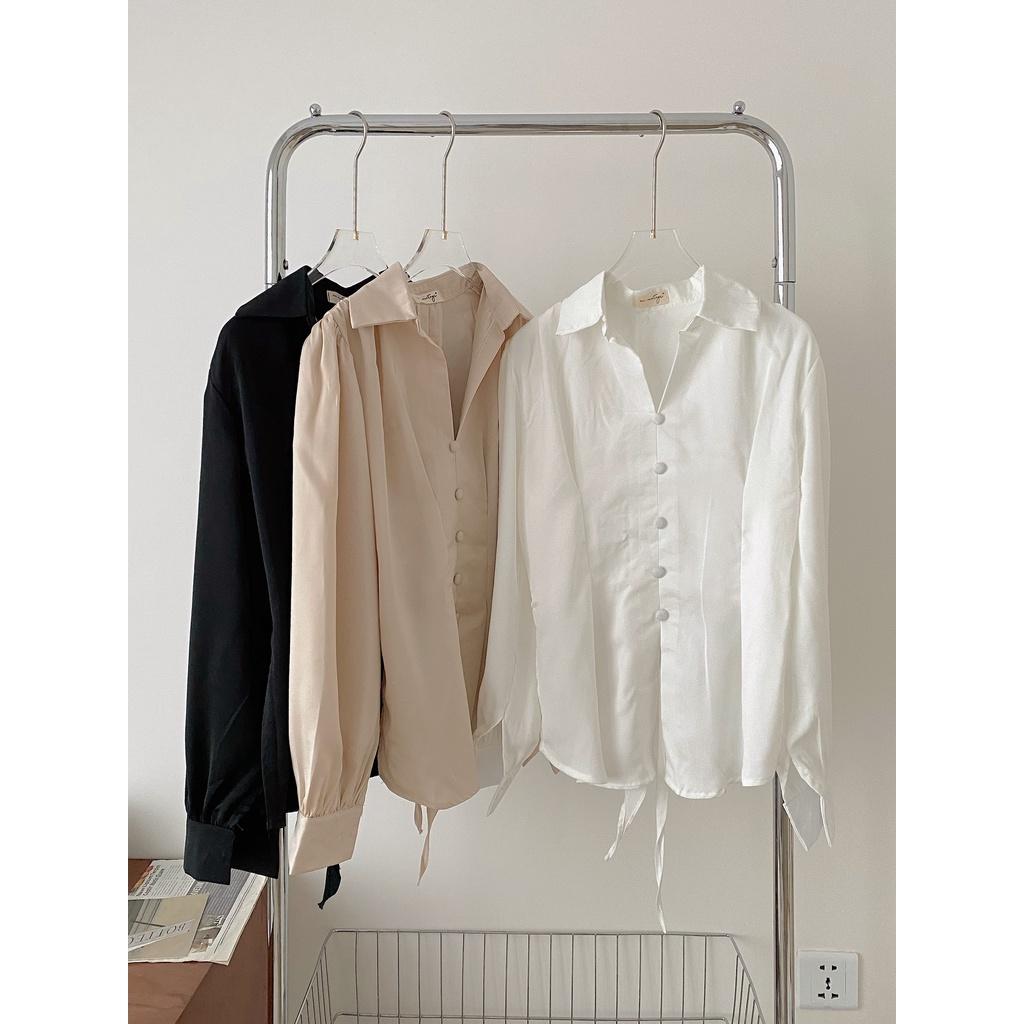 Áo sơ mi cúc bọc thắt nơ lưng cực xinh, áo kiểu