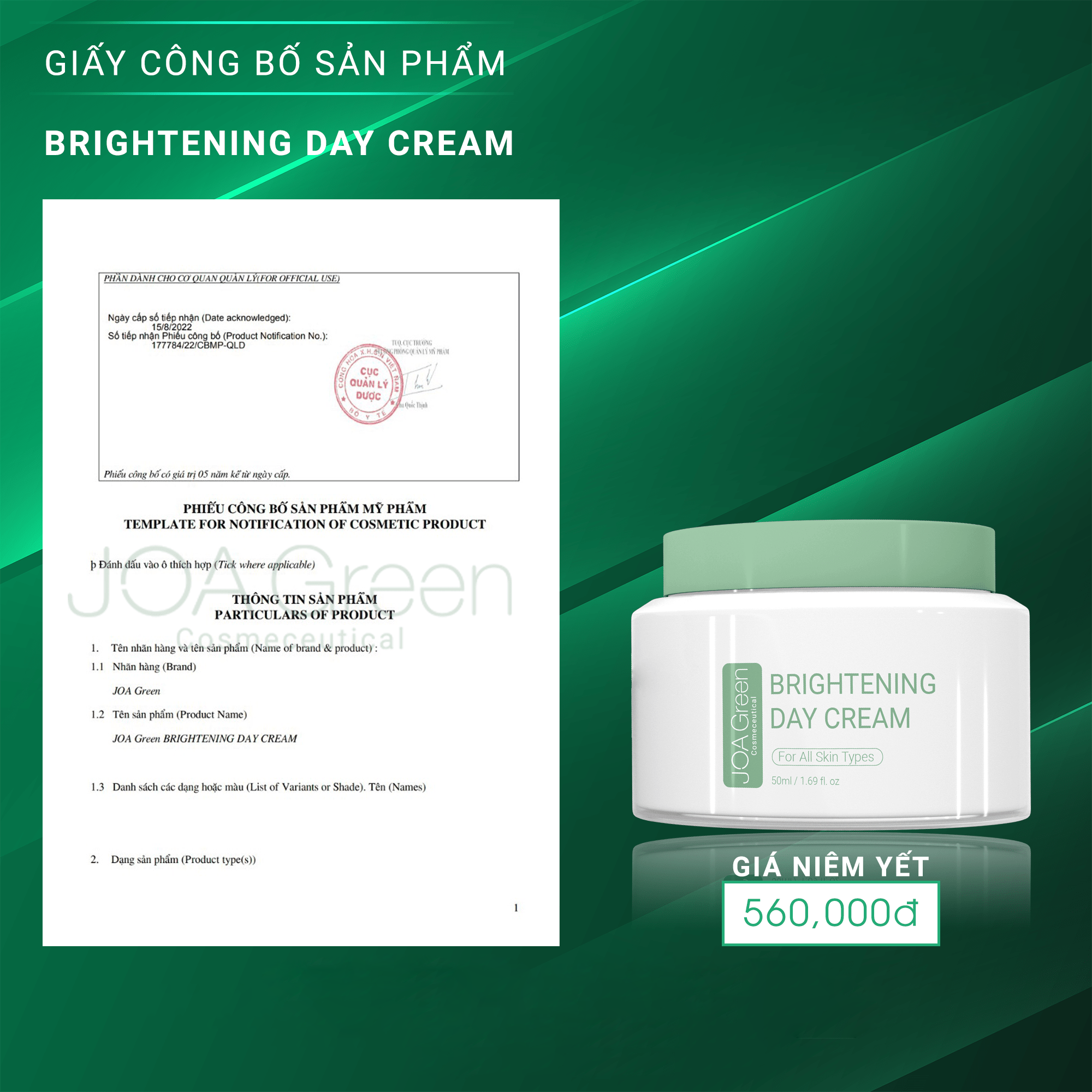 Kem Dưỡng Da Mặt Brightening Day Cream 50ml - JOA GREEN Giúp Phục Hồi, Dưỡng Trắng Da Và Cải Thiện Nếp Nhăn – Mỹ Phẩm MS COSMETIC