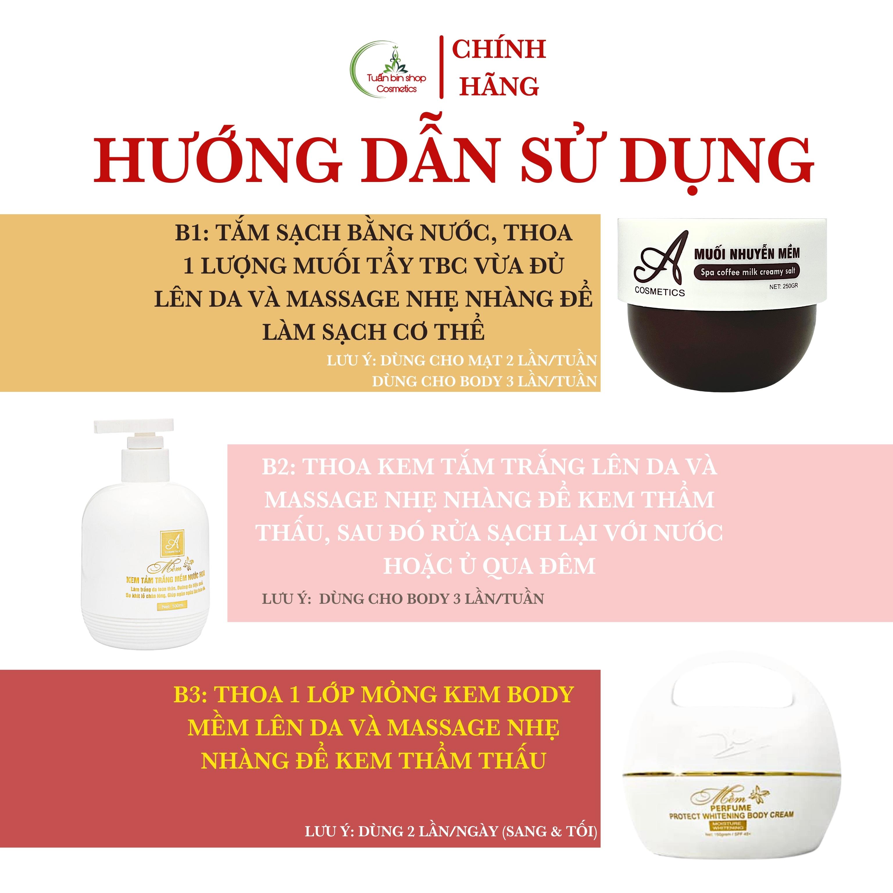 Combo kem trắng da body hoàn hảo Acosmetics, Kem body mềm, kem tắm trắng toàn thân, muối tẩy tế bào chết 500g