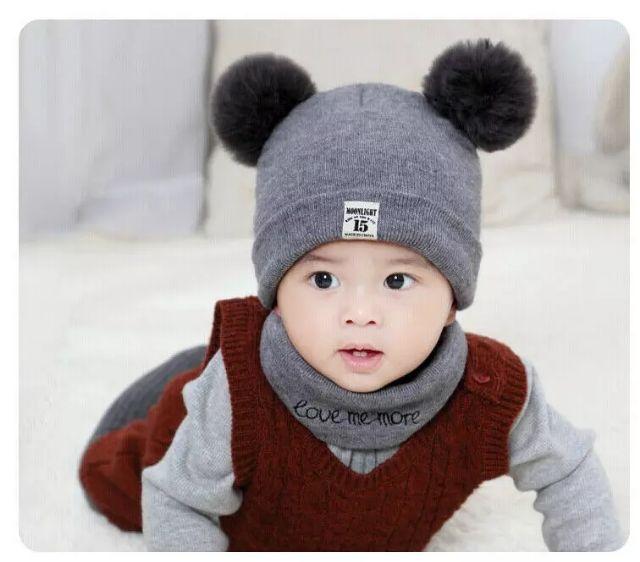 Bộ mũ gấu kèm khăn ống cho bé 0-12 tháng