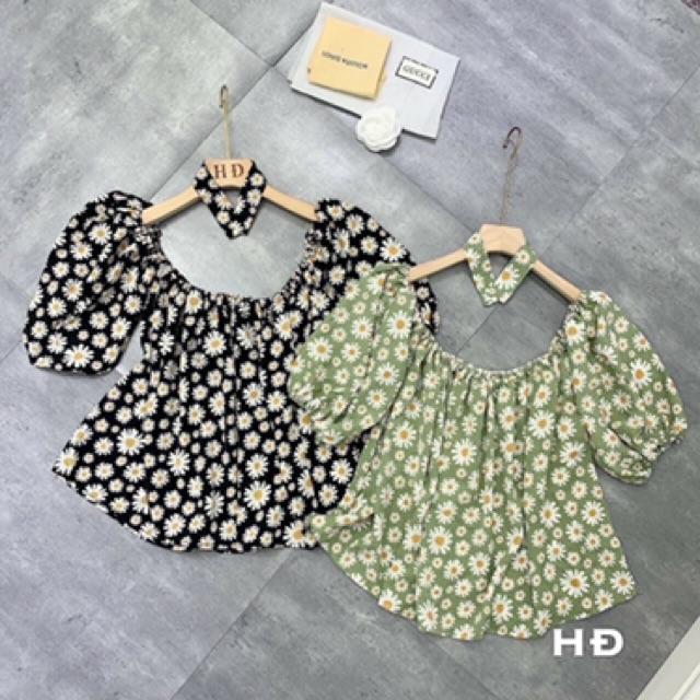 Áo kiểu hoa cúc kèm dây cổ, mặc được 2 kiểu