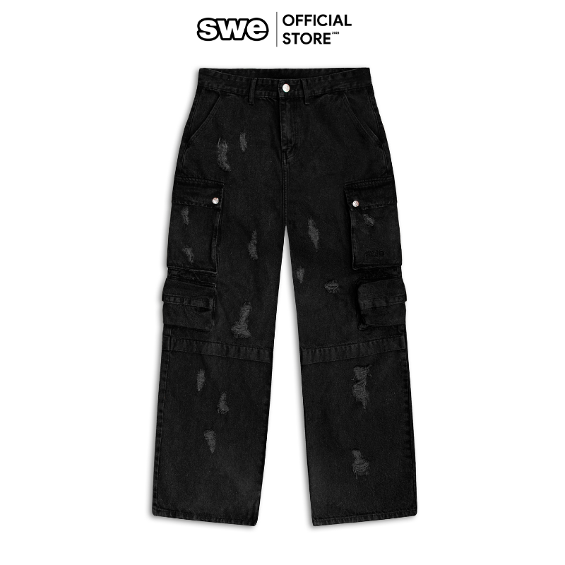 Quần jeans đen RIPPED CARGO form thẳng tôn dáng - Thương hiệu SWEVN