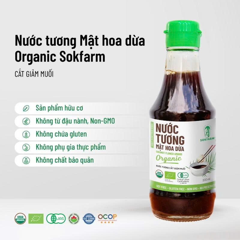 Nước tương mật hoa dừa Sokfarm 200ml - 1L nước tương ít mặn không đậu nành không chất bảo quản
