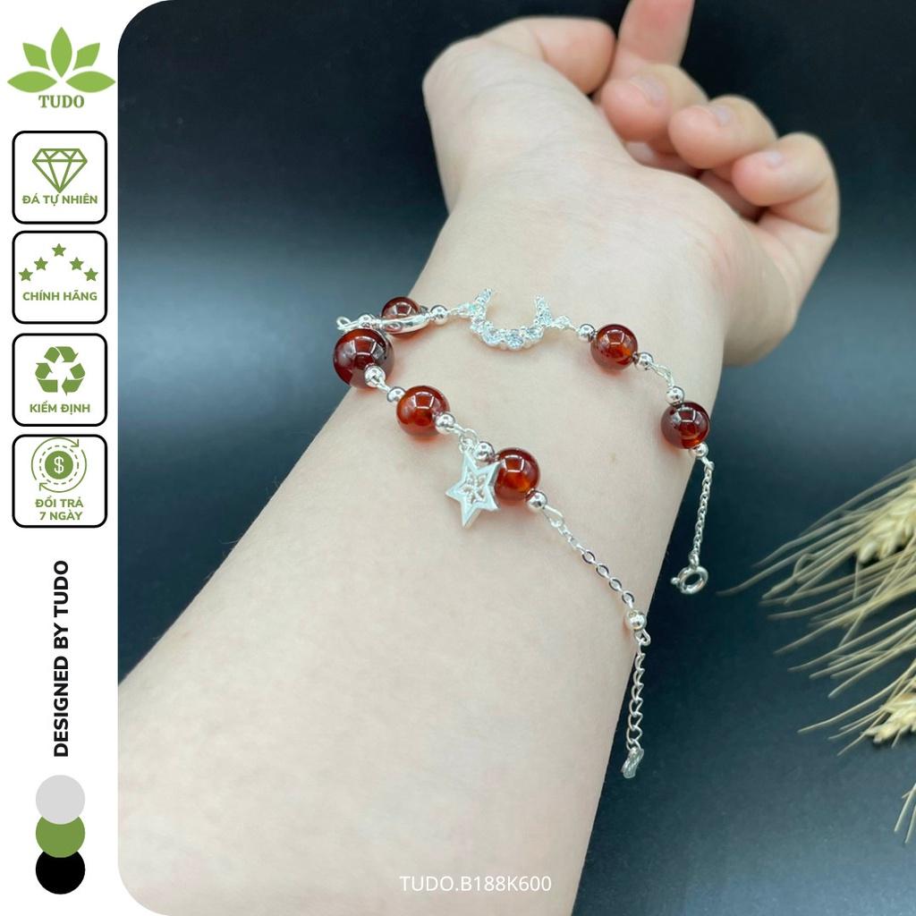 Vòng Tay Nữ Đẹp - Vòng Phong Thủy Mệnh Hỏa Thổ Kim TUDO B188K600 VCBGARN đỏ, Charm Bạc Trăng, Sao Có dây Freesize