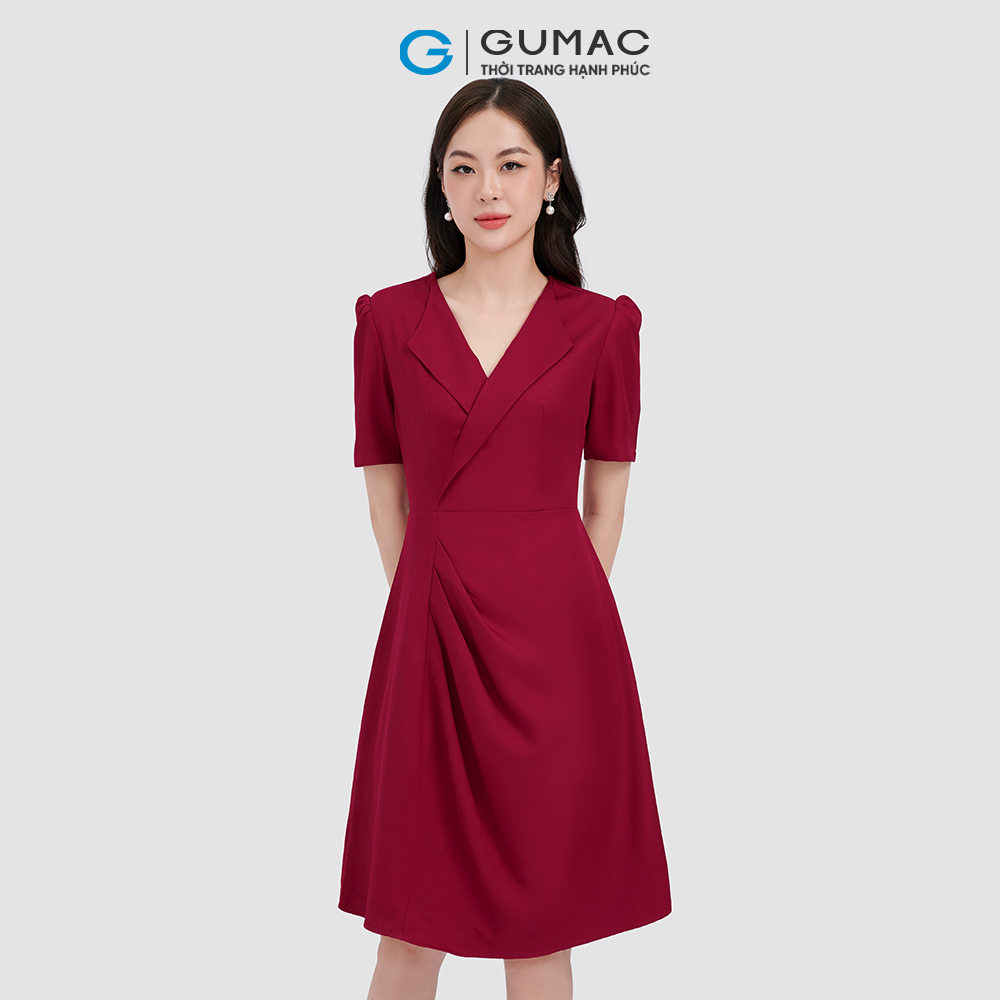 Đầm nữ GUMAC DC05010 form A cổ danton phối xếp ly tạo kiểu