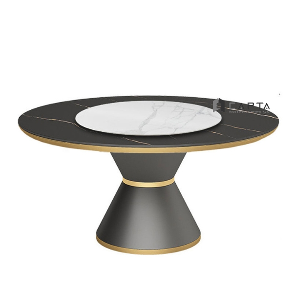 Bàn ăn 2 mặt đá tròn xoay TN Jupiter 3A-135E Nội thất Capta Bàn nhà hàng phòng ăn cao cấp chân viền inox vàng nhập khẩu