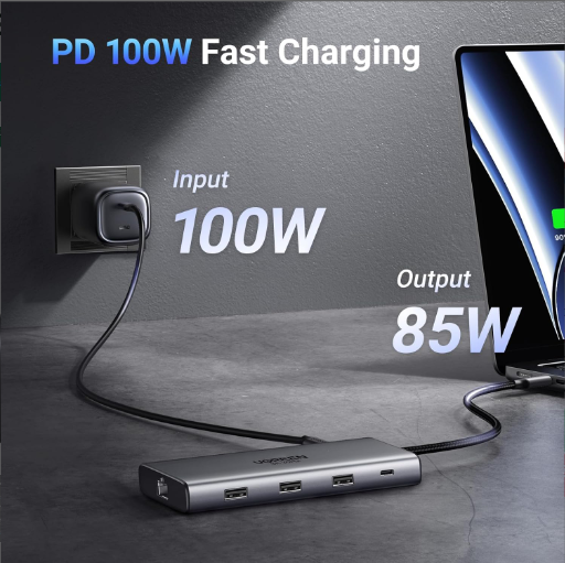 Hub USB-C 10 in 1 Ugreen 15534 CM639, hỗ trợ 2 HDMI 8K30hz và 4K60Hz, 3x USB-A, 1x USB-C, Card Reader, PD100W - Hàng chính hãng