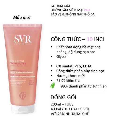 Sữa rửa mặt SVR Topialyse Gel Cho Da Khô Da Nhay Cảm Hồng Mẫu Mới – 200ml