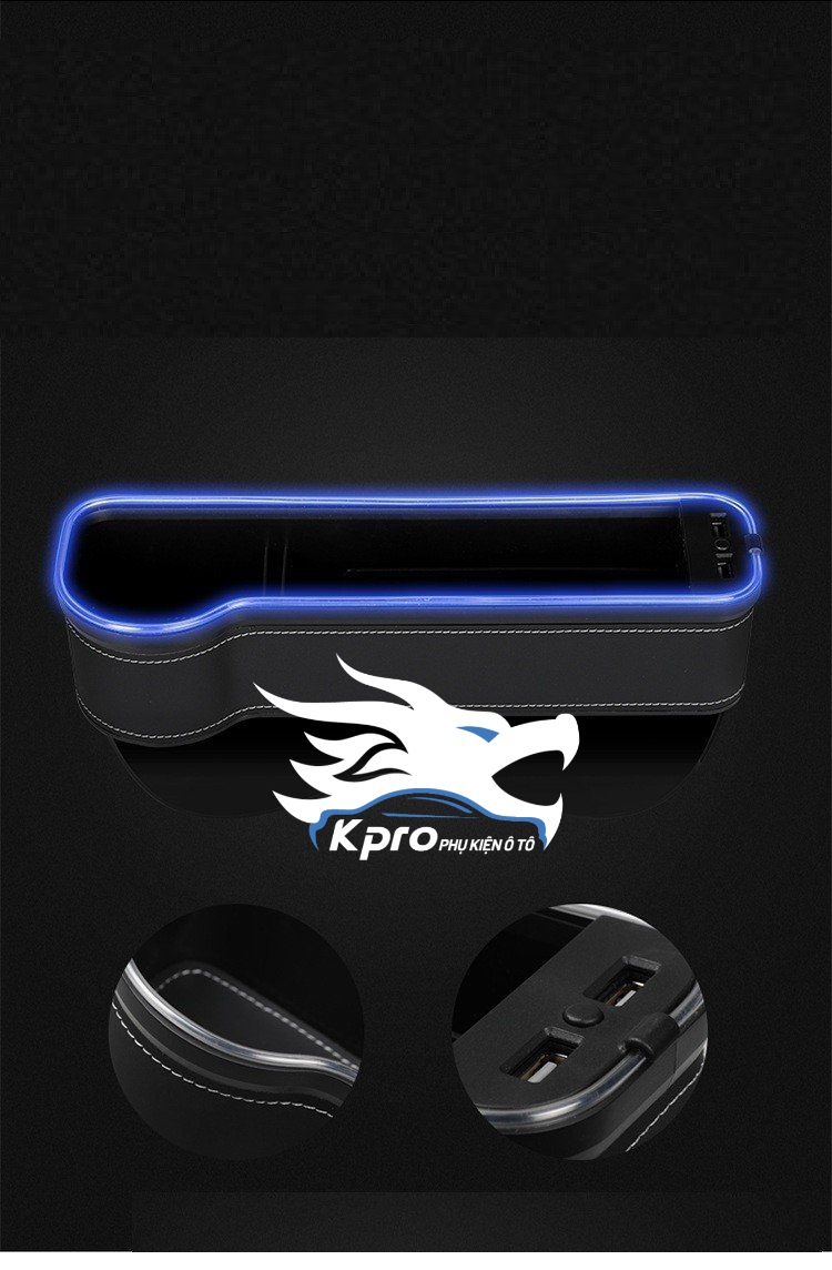 Khay đựng đồ khe ghế ô tô có đèn led + 2 cổng USB - Hàng Kpro chất lượng cao