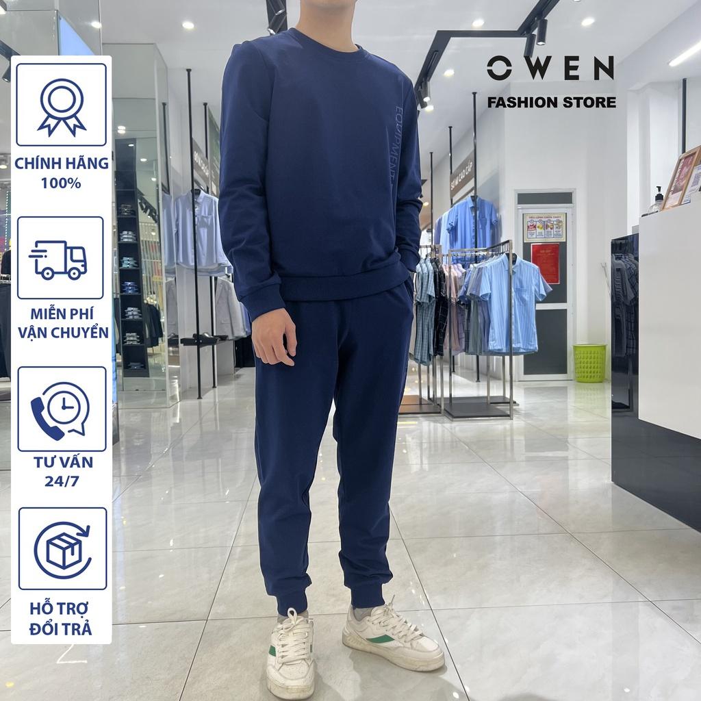 Bộ nỉ nam OWEN màu xanh navy, bộ mặc nhà Thu đông dành cho nam chất liệu cotton cao cấp mã BMN221183