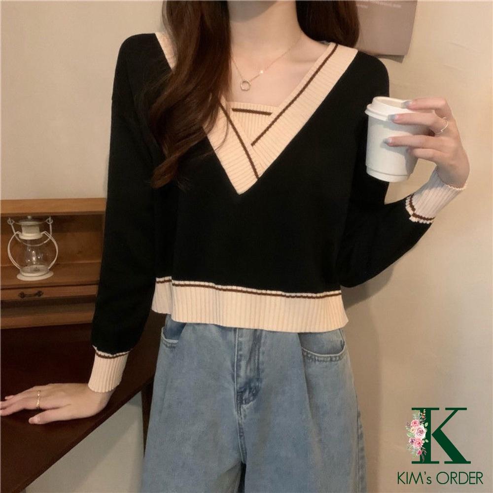 Áo Len Nữ Croptop Cổ Chữ V Màu Xanh Đen Trắng Be Xám Dài Tay Phong Cách Ulzzang Hàn Quốc Loại Đẹp Hàng Quảng Châu