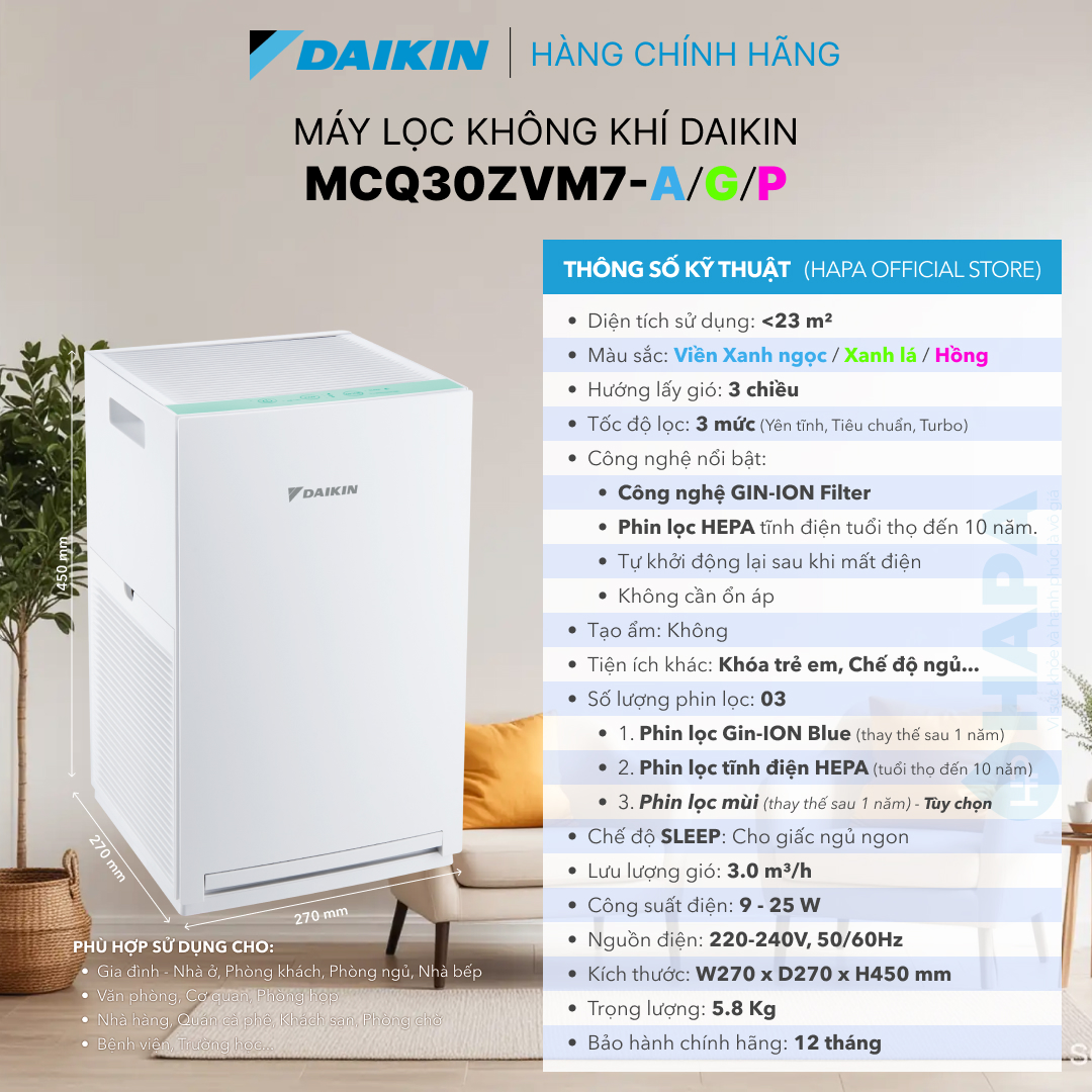 Máy Lọc Không Khí DAIKIN Full Models Công nghệ HEPA, Streamer, ION Plasma, Tạo Ẩm - Hàng Chính Hãng DAIKIN