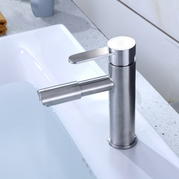 Vòi Lavabo nóng lạnh trụ tròn vòi thẳng đầu xoay 360-SUS304 + 2 dây cấp