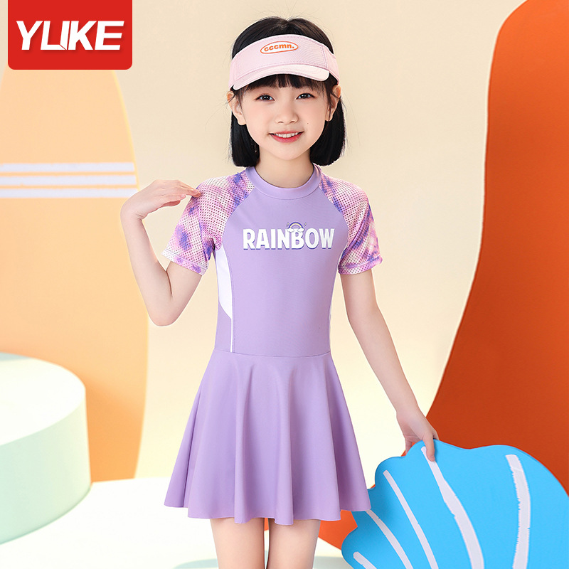 Đồ bơi bé gái liền thân size đại 2-10 tuổi chữ RAINBOW kiểu chân váy hàng YLIKE cao cấp vải co giãn cực tốt