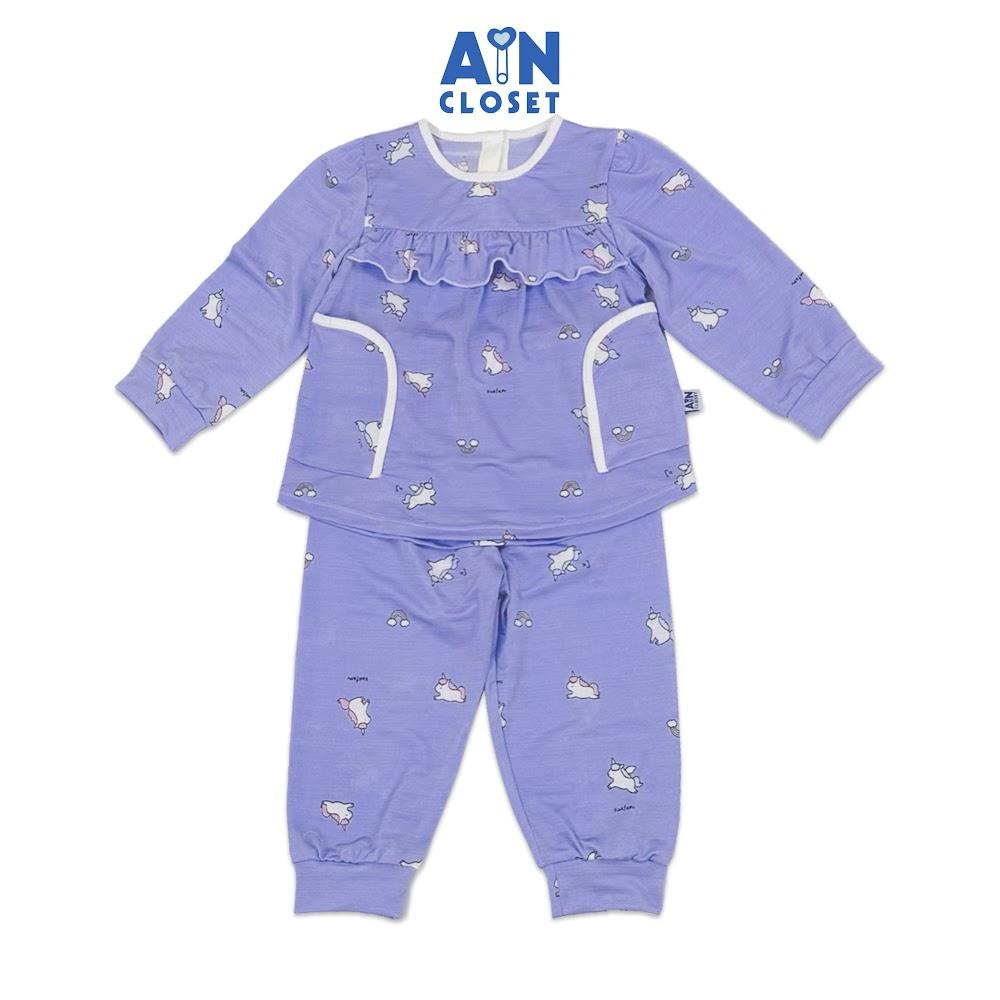 Bộ quần áo Dài bé gái họa tiết Unicorn Xanh Tím thun lụa - AICDBGGCMCSK - AIN Closet