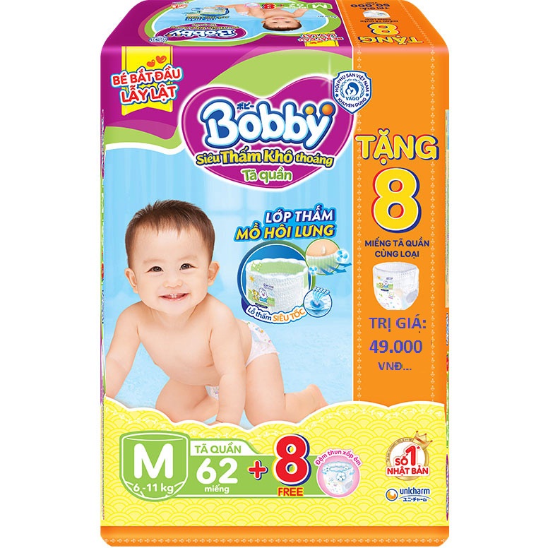 Tã Quần Bobby - Đệm Lưng Thấm Mồ Hôi M62 (62 Miếng) Tặng 8 Miếng Tã Quần Size M (TIẾT KIỆM 49.000VNĐ)